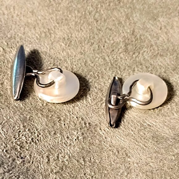 Vintage Mother of Pearl Cuff Link Set w/Rhinestone Insets & Carved Dove Button - Picture 9 of 9